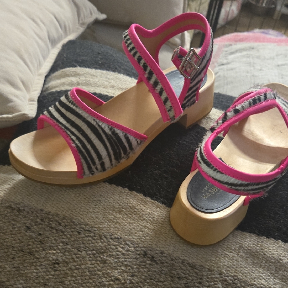 Swedish Hasbeen Hot Pink And Zebra Print Sandals